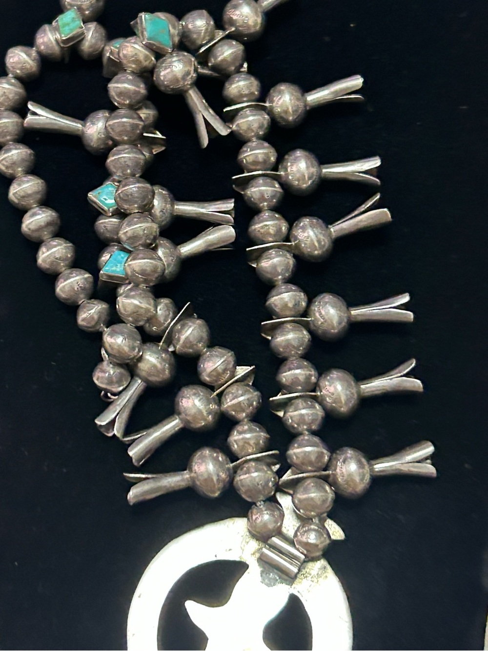 Vintage unisex sterling silver turquoise squash blossoms necklace 24-25” - Picture 13 of 16